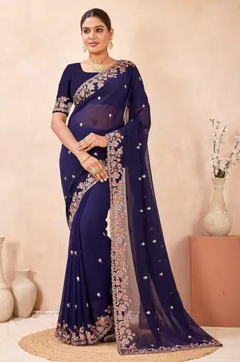 Navy blue color resham multi kashmiri embroidery work saree
