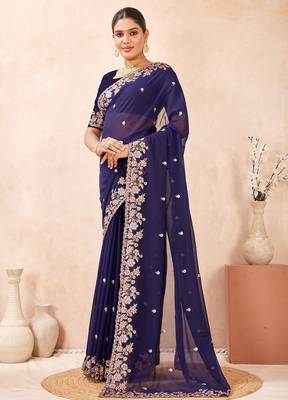 Navy blue color resham multi kashmiri embroidery work saree 4