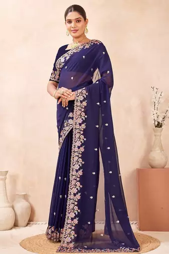 Navy blue color resham multi kashmiri embroidery work saree