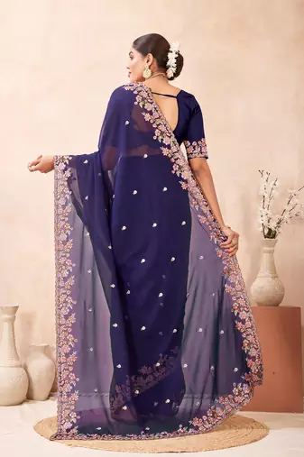 Navy blue color resham multi kashmiri embroidery work saree