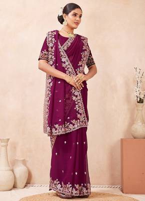 Wine color resham multi kashmiri embroidery work saree 1
