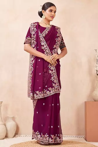 Wine color resham multi kashmiri embroidery work saree