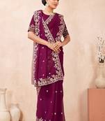 Wine color resham multi kashmiri embroidery work saree