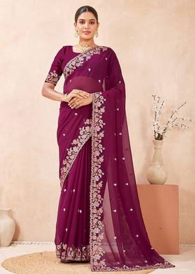 Wine color resham multi kashmiri embroidery work saree 2