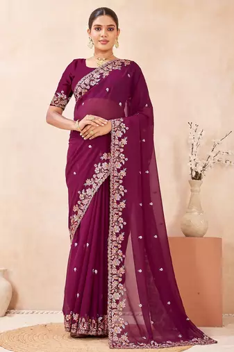 Wine color resham multi kashmiri embroidery work saree