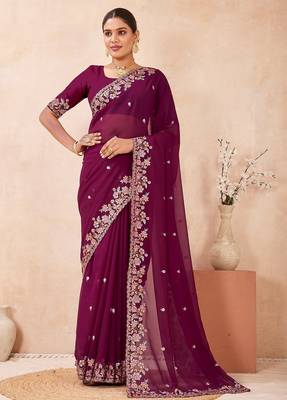 Wine color resham multi kashmiri embroidery work saree 3