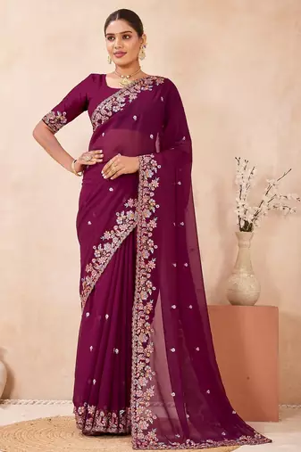 Wine color resham multi kashmiri embroidery work saree