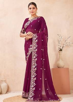Wine color resham multi kashmiri embroidery work saree 4