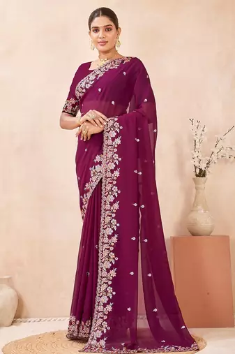 Wine color resham multi kashmiri embroidery work saree