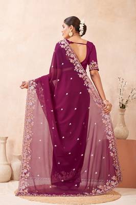 Wine color resham multi kashmiri embroidery work saree 5