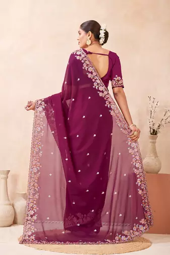 Wine color resham multi kashmiri embroidery work saree