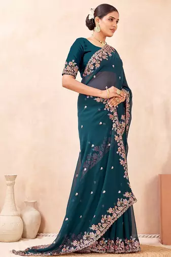 Morpeach color resham multi kashmiri embroidery work saree