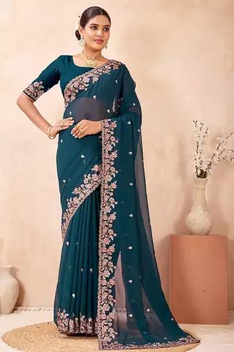 Morpeach color resham multi kashmiri embroidery work saree