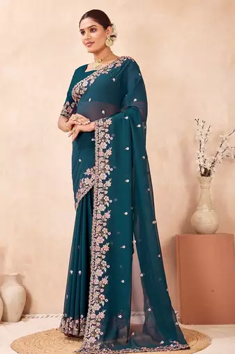 Morpeach color resham multi kashmiri embroidery work saree