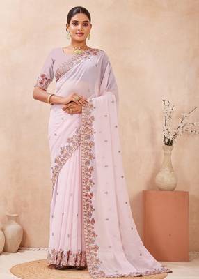 Levender color resham multi kashmiri embroidery work saree 1