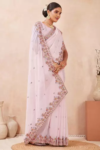 Levender color resham multi kashmiri embroidery work saree