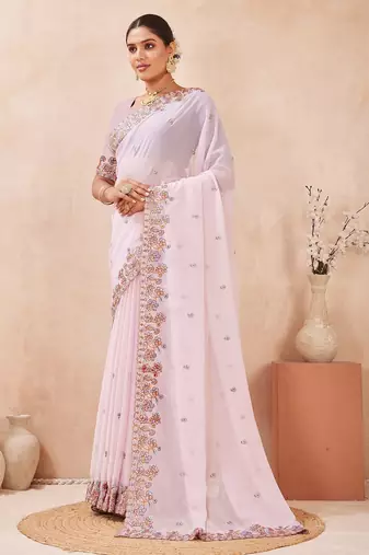 Levender color resham multi kashmiri embroidery work saree