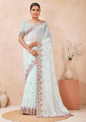 C green color resham multi kashmiri embroidery work saree 1