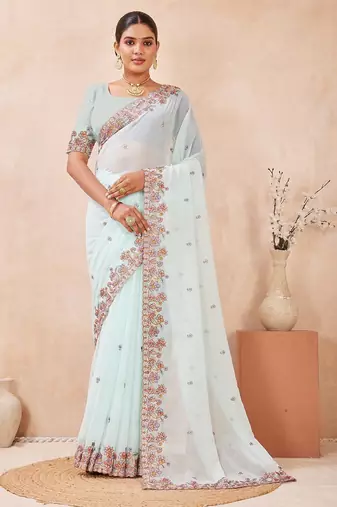 C green color resham multi kashmiri embroidery work saree