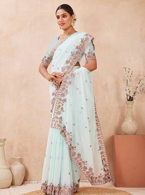 C green color resham multi kashmiri embroidery work saree 2
