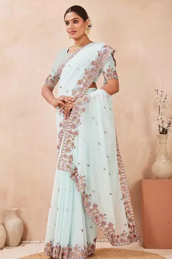C green color resham multi kashmiri embroidery work saree