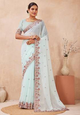C green color resham multi kashmiri embroidery work saree 3