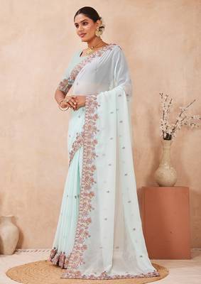 C green color resham multi kashmiri embroidery work saree 4