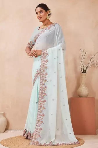 C green color resham multi kashmiri embroidery work saree