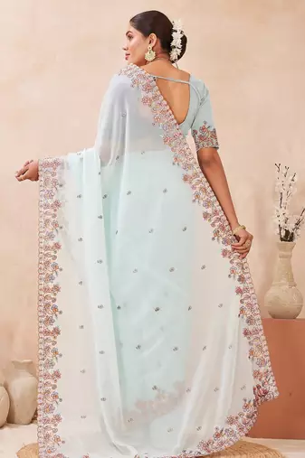 C green color resham multi kashmiri embroidery work saree