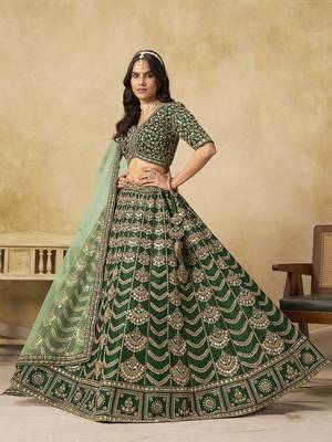 Dark Green Art silk blend Embroidered Lehenga Choli Set for Wedding 1