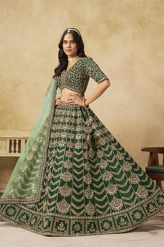 Dark Green Art Silk Embroidered Lehenga Choli Set for Wedding