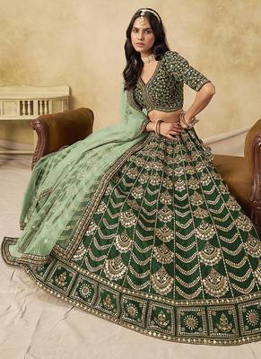 Dark Green Art silk blend Embroidered Lehenga Choli Set for Wedding 2