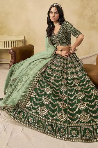 Dark Green Art silk blend Embroidered Lehenga Choli Set for Wedding