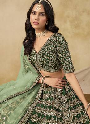 Dark Green Art silk blend Embroidered Lehenga Choli Set for Wedding 3
