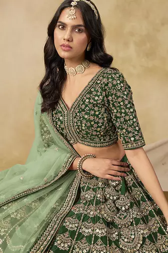 Dark Green Art silk blend Embroidered Lehenga Choli Set for Wedding