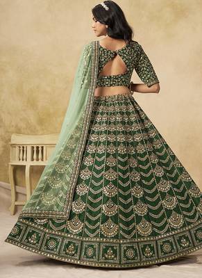 Dark Green Art silk blend Embroidered Lehenga Choli Set for Wedding 4
