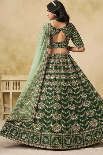 Dark Green Art silk blend Embroidered Lehenga Choli Set for Wedding
