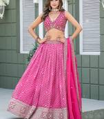 Rani Pink Leheriya Print With Embroidered Faux Georgette Lehenga Choli
