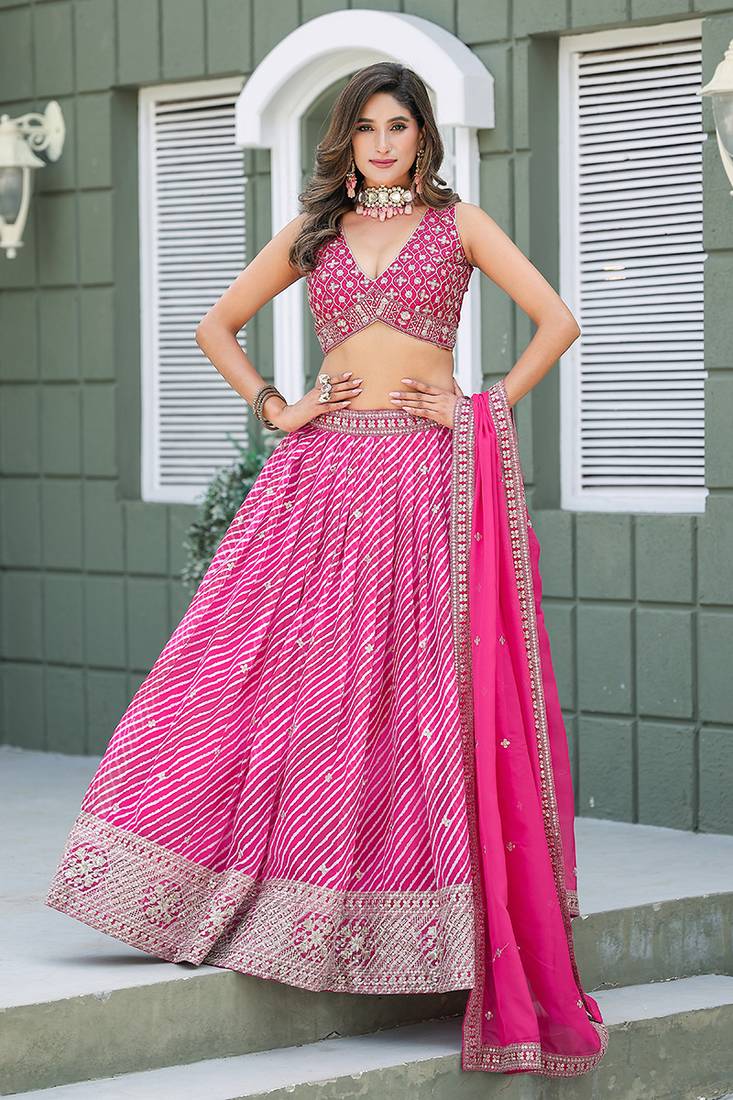 Rani Pink Leheriya Print With Embroidered Faux Georgette Lehenga Choli