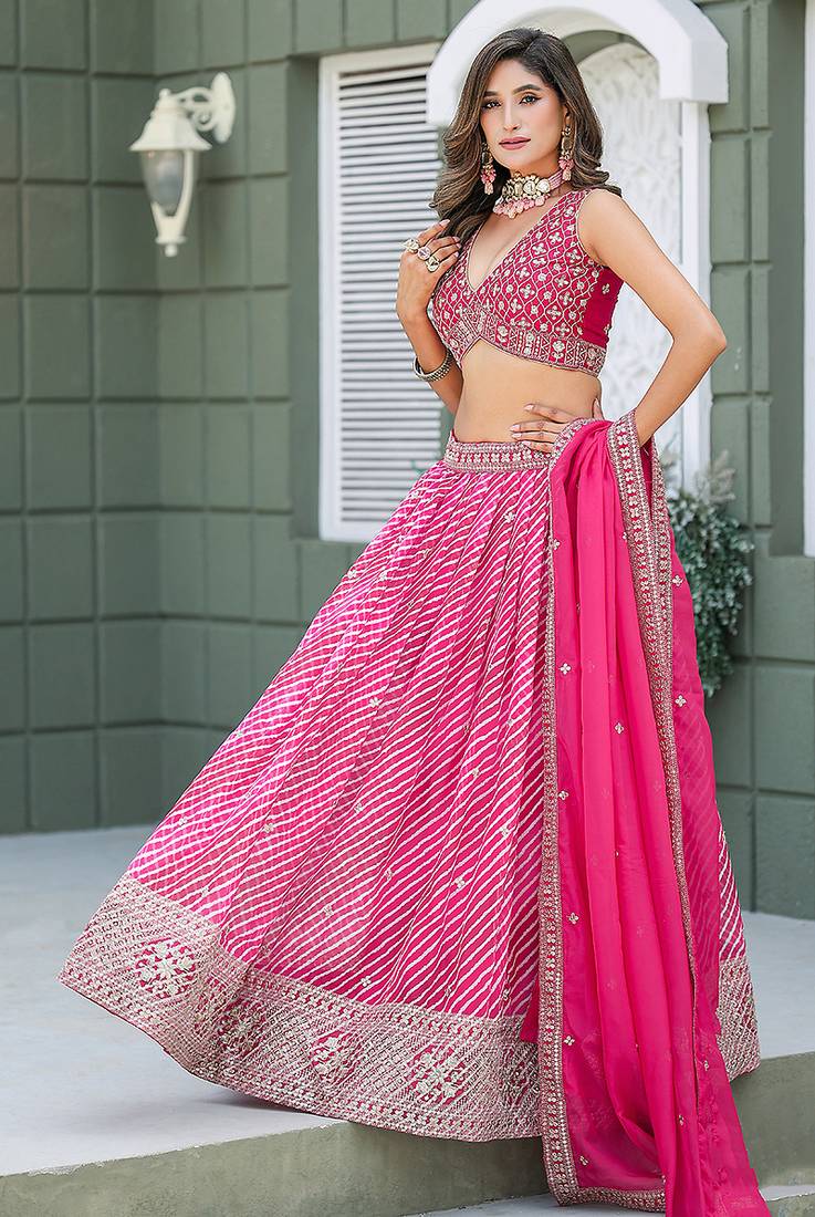 Rani Pink Leheriya Print With Embroidered Faux Georgette Lehenga Choli