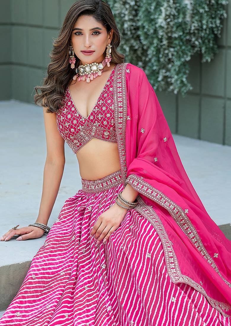 Rani Pink Leheriya Print With Embroidered Faux Georgette Lehenga Choli
