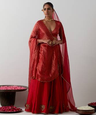 red plain chanderi lehenga set 1