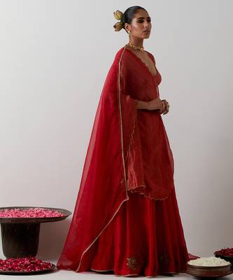 red plain chanderi lehenga set 2