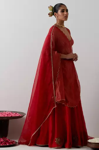 red plain chanderi lehenga set