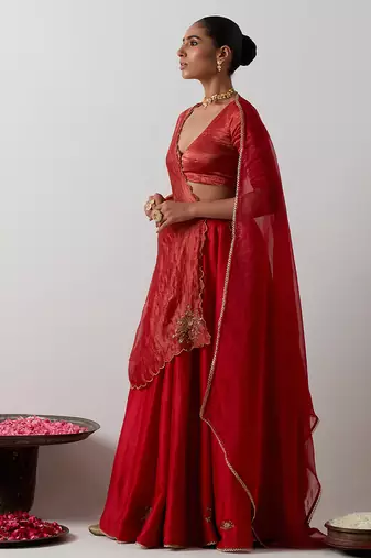 red plain chanderi lehenga set