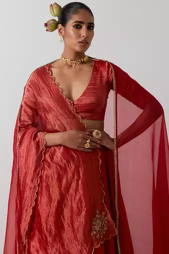 red plain chanderi lehenga set