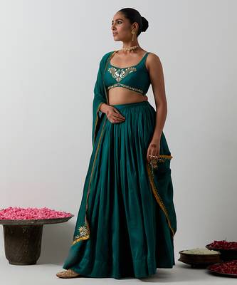 green plain chanderi lehenga set 3