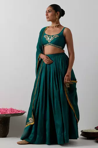 green plain chanderi lehenga set