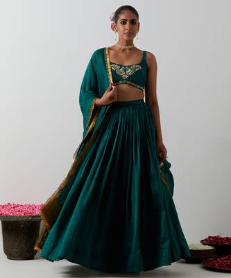 green plain chanderi lehenga set 1
