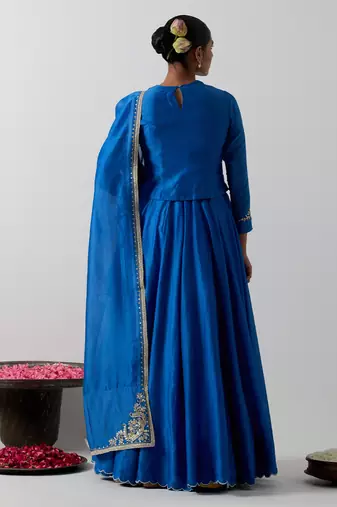 blue plain chanderi lehenga set